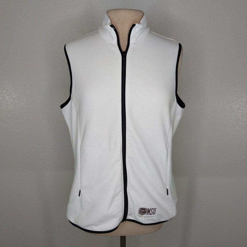 MSU Bears Womens Large Fleece Vest White Full Zip Sleeveless Jacket Pockets